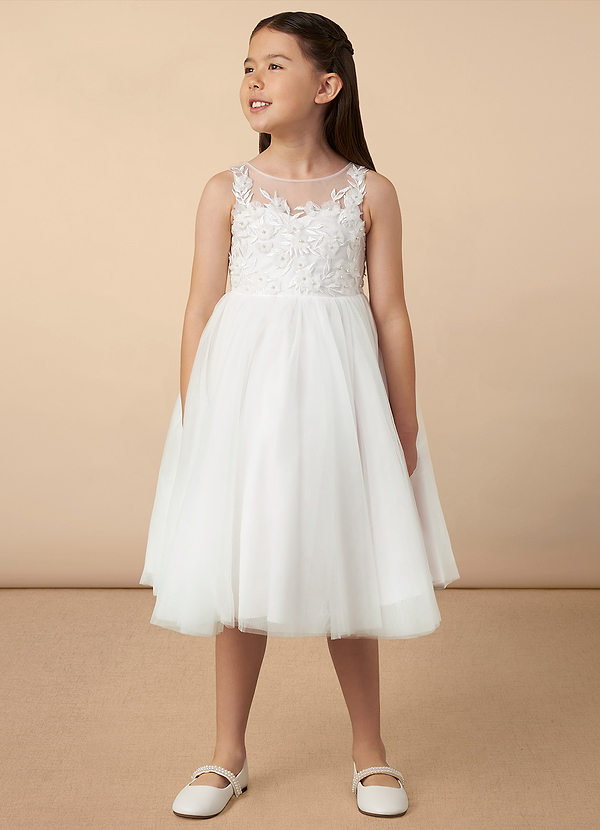 Azazie Junabee Flower Girl Dresses Ivory A-Line Lace Tulle Dress image1