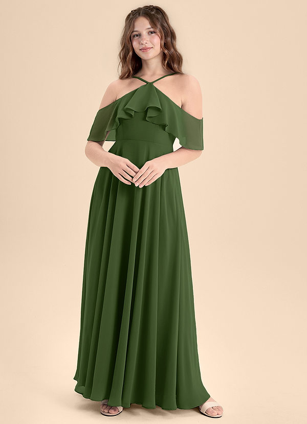 Azazie Tessabelle Junior Vestido de Oliva de Gasa de Corte En A con Vestidos sin tirantes image1