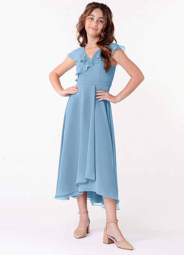 Azazie Posie Junior Steel Blue A-Line Ruched Chiffon Dress image1