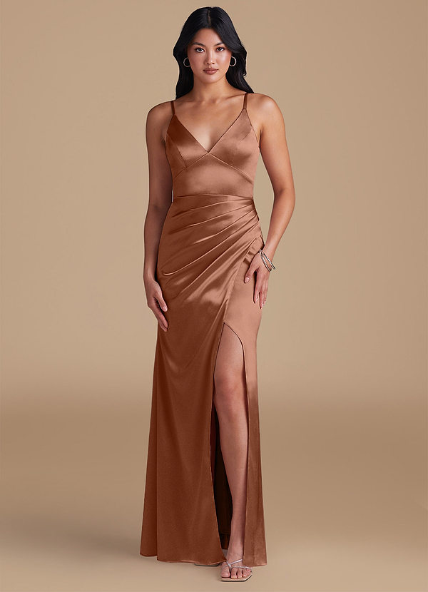 Azazie Shania Vestidos Dama de Honor Vestido de Bronceador de Satén Metálico de Corte Recto con Plisado image1