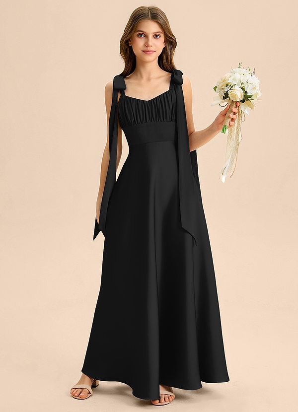 Azazie Halley Junior Vestido de Negro de Satén Elástico de Corte en A con Lazo image1