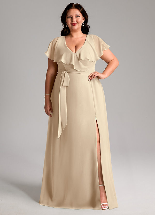 Azazie Lainey Bridesmaid Dresses Champagne A-Line with Pockets Chiffon Dress image1
