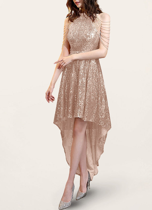 front Midnight Stunner Gold Sequin Halter High Low Dress