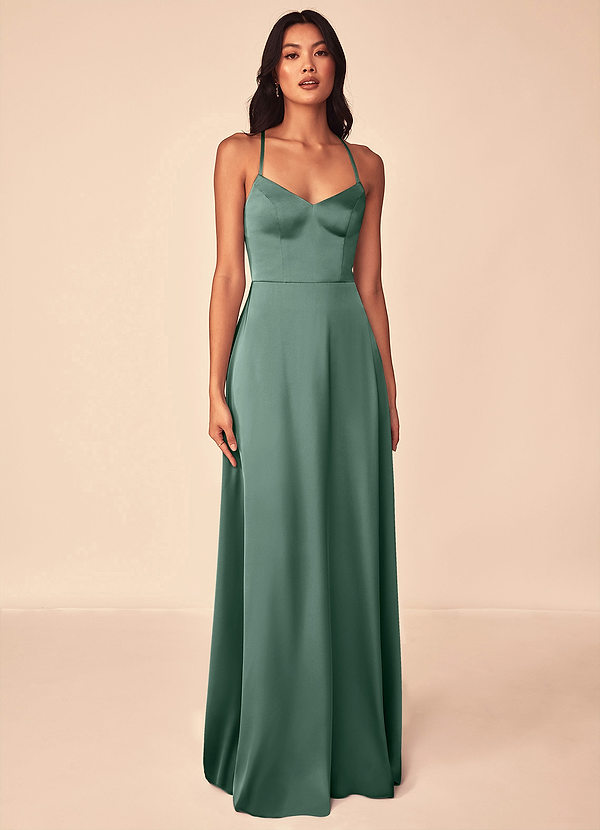 Azazie Mei Brautjungfernkleider A-Linie V-Hals Stretch-Satin Kleid Eukalyptus image1