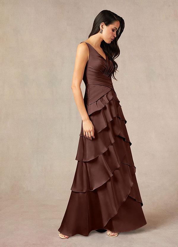 Azazie Viola Mother of the Brides Dresses Espresso A-Line Pleated Stretch Satin Dress image1