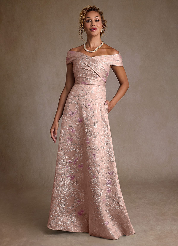 Azazie Lacey Mother of the Brides Dresses Coral Jacquard A-Line Off the Shoulder Floral Jacquard Dress image1