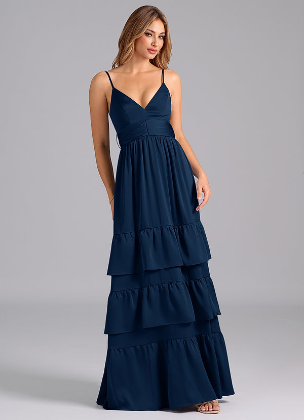 Azazie Nathalia Bridesmaid Dresses Dark Navy A-Line Pleated Stretch Satin Dress image1