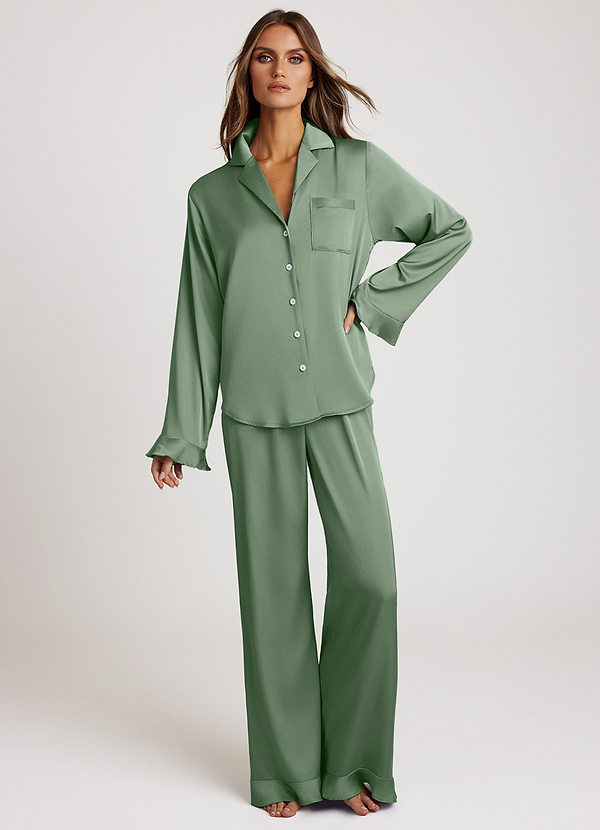 front Matcha Pigiama a maniche lunghe in raso con volant