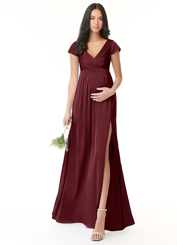 Azazie Allessia Maternity Bridesmaid Dresses A-Line Pleated Stretch Satin Floor-Length Dress image1