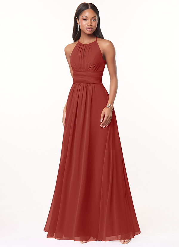 Azazie Bonnie Brautjungfernkleider A-Linie Schlüsselloch Gerüscht Chiffon Kleid Terrakotta image1