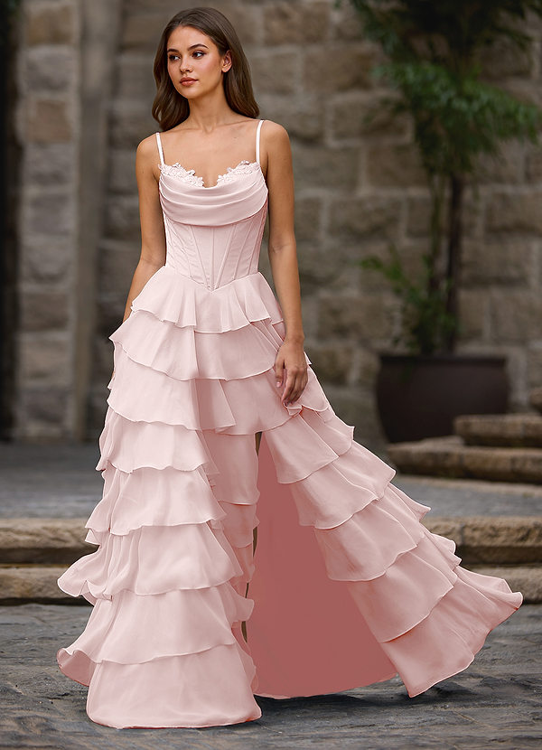 Floralace Powder Pink Ruffled A-line Prom Dress image1