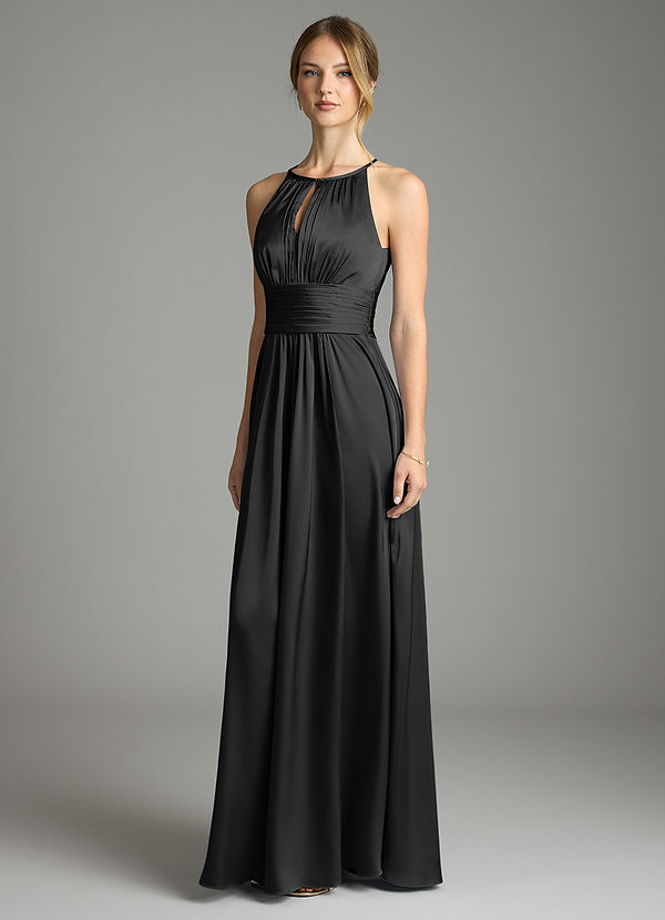 Azazie Bonnie Vestidos Dama de Honor Vestido de Negro de Satén Elástico de Corte en A con Plisado image1