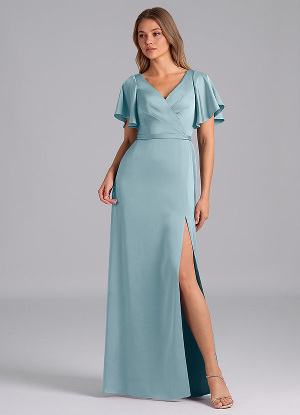 Azazie Ambrosia Bridesmaid Dresses Moody Blue A-Line Pleated Stretch Satin Dress image1