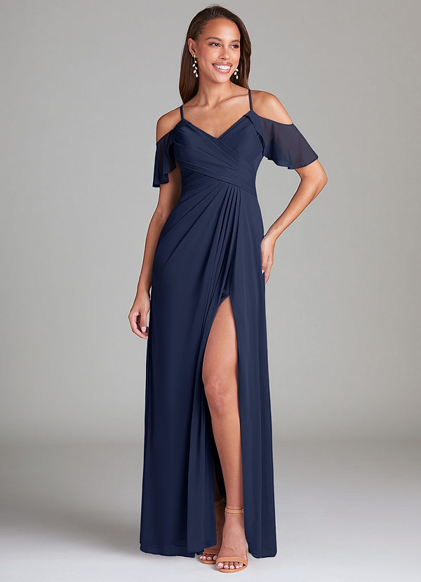 Azazie Dakota Bridesmaid Dresses Dark Navy A-Line Off the Shoulder Mesh Dress image1