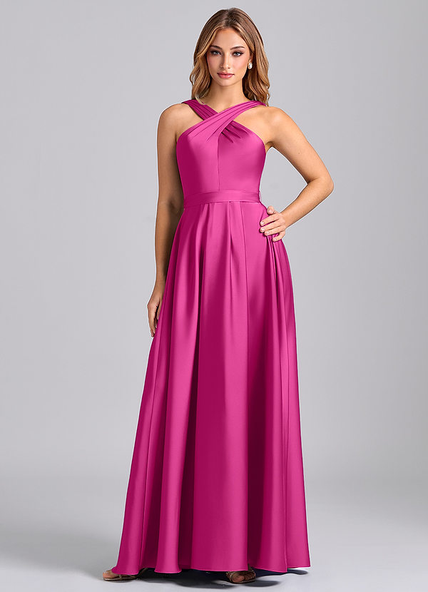 Azazie Dixie Bridesmaid Dresses Fuchsia A-Line Pleated Stretch Satin Dress image1