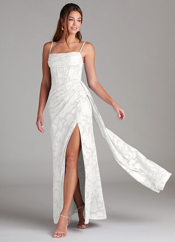 Azazie Denisa Robes Demoiselle d'honneur Robe Fourreau en Blumen-Burnout Plissée Blanc image1