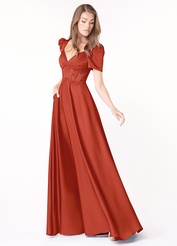 Azazie Sibyl Bridesmaid Dresses A-Line Lace Stretch Satin Floor-Length Dress image1