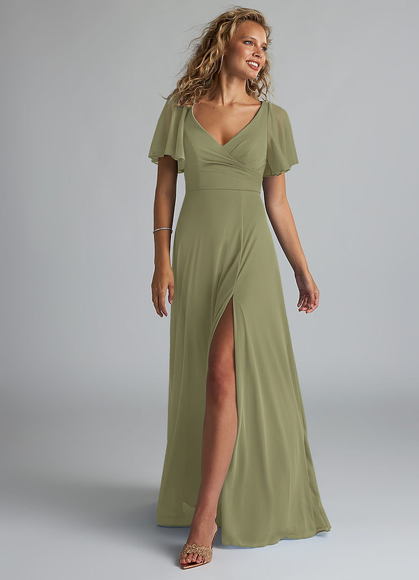 Azazie Induh Bridesmaid Dresses Pistachio A-Line Flutter V-neck Mesh Dress image1