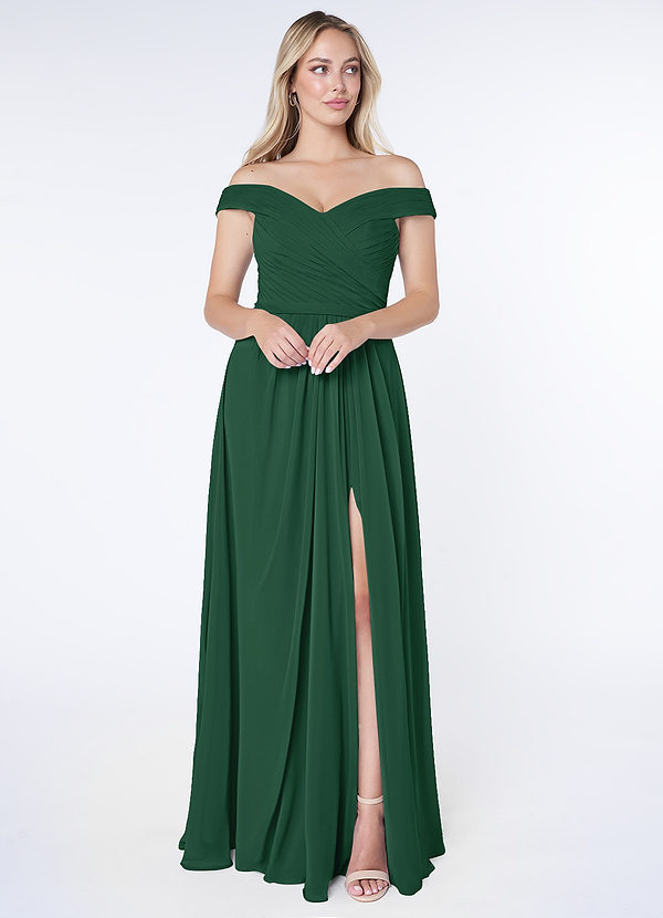 Azazie Audrianna Bridesmaid Dresses Dark Green A-Line Off-The-Shoulder Gathered Chiffon Convertible Dress image1