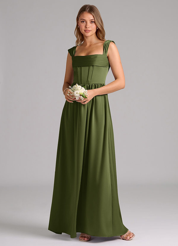Azazie Hattie Bridesmaid Dresses Olive A-Line Corset Stretch Satin Dress image1