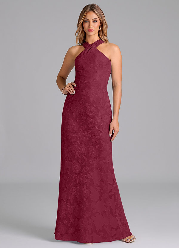 Azazie Doretta Bridesmaid Dresses Burgundy Mermaid Pleated Floral Burnout Dress image1
