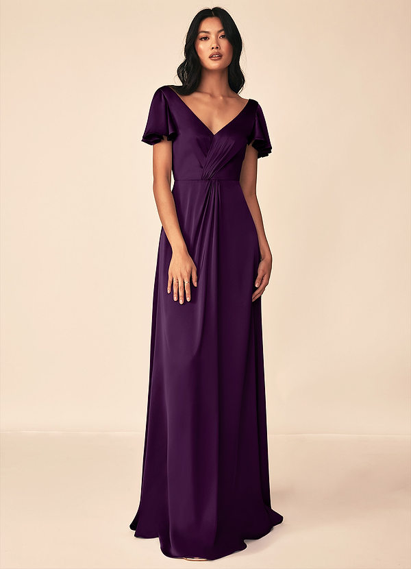 Azazie Soren Bridesmaid Dresses Grape A-Line Pleated Stretch Satin Dress image1