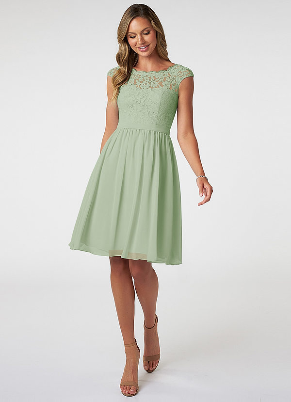 Azazie Shivani Brautjungfernkleider A-Linie Spitze Chiffon Kleid Staubiger Salbeigrün image1