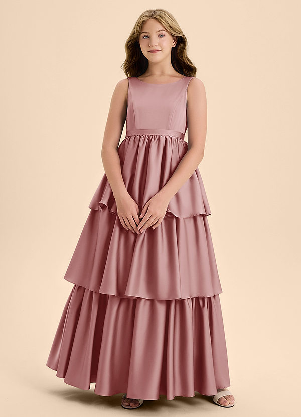 Azazie Meadowyn Junior Abito A-Line in Raso Elasticizzato Fiocco Rosa Polverosa image1