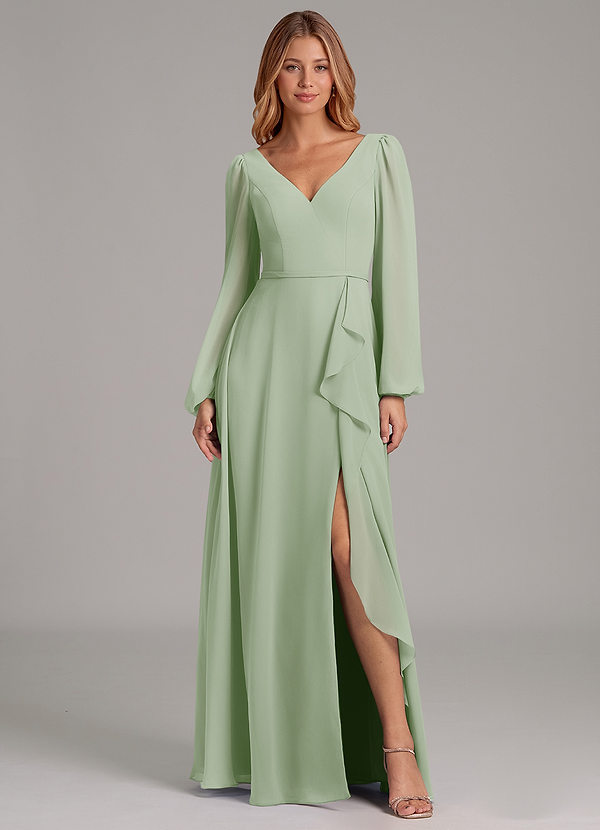 Azazie Simone Brudtärneklänningar Klänning av A-Linje i Chiffong Långärmad Dusty Sage image1