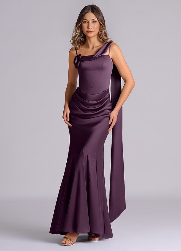 Azazie Inara Bridesmaid Dresses Plum Mermaid Pleated Stretch Satin Dress image1