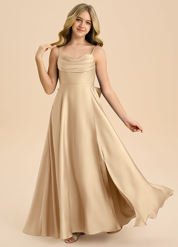 Azazie Bear Junior Champagne A-Line Sweetheart Neckline Stretch Satin Dress image1