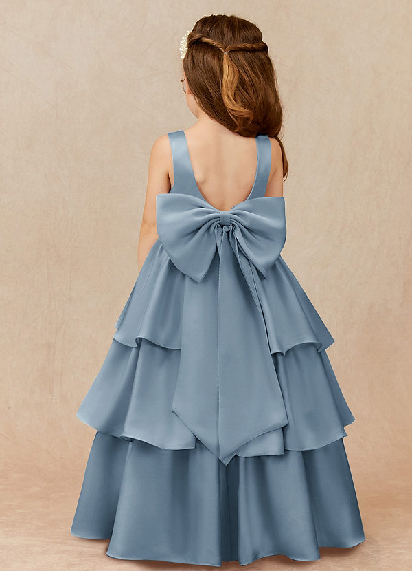 Azazie Margie Flower Girl Dresses Dusty Blue A-Line Bow Stretch Satin Dress image1