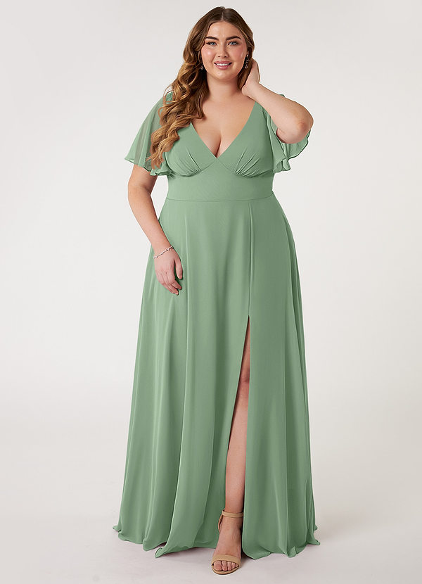Azazie Kimber Bridesmaid Dresses Matcha A-Line Flounce Sleeve Chiffon Dress image1