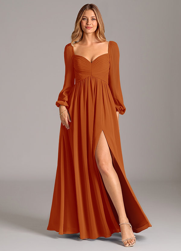 Azazie Bailee Bridesmaid Dresses Paprika A-Line Long Sleeve Chiffon Dress image1