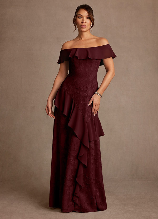 Azazie Marina Mother of the Brides Dresses Cabernet A-Line Off the Shoulder Floral Burnout Dress image1