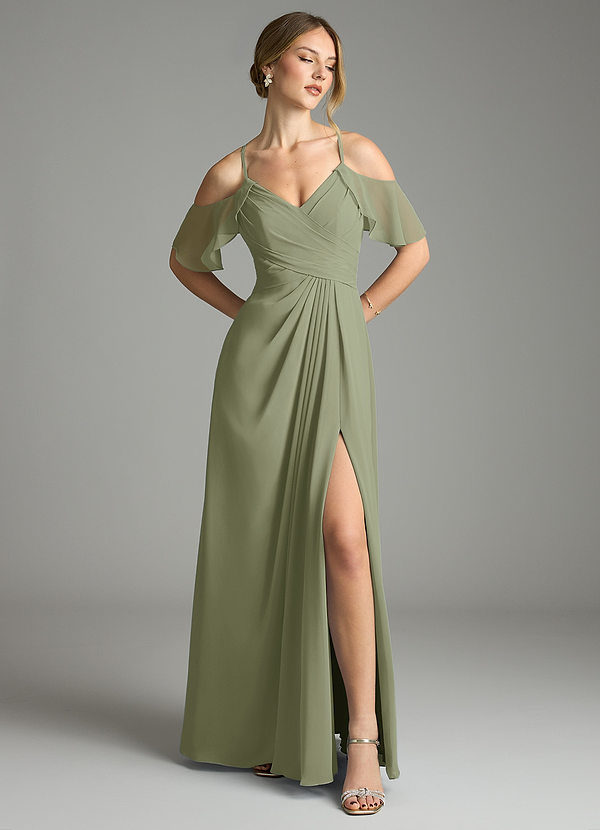 Azazie Dakota Bridesmaid Dresses Pistachio A-Line V-Neck Pleated Chiffon Dress image1