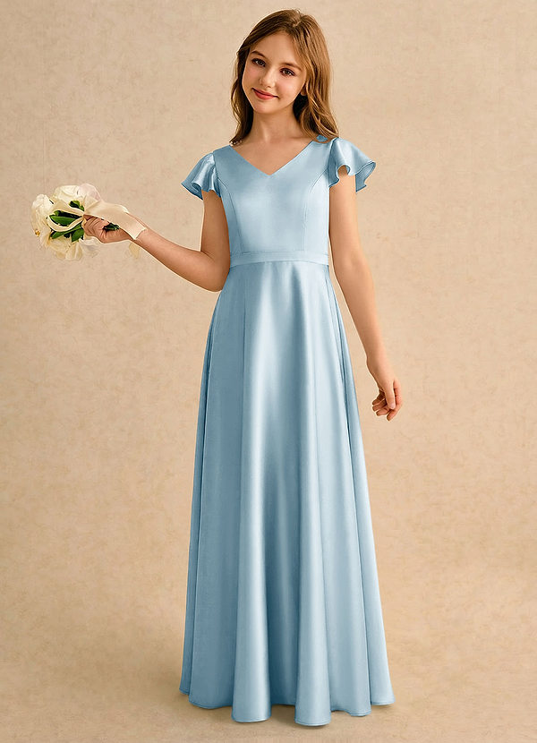 Azazie Nari Girls Formal Sukienki dla dziewczynek sypiących kwiaty Linia A z rękawami Satyna elastyczna Długość podłogi Sukienka image1