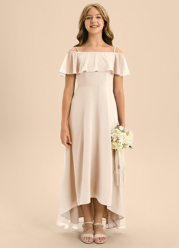 Azazie Maggie Junior White Alabaster A-Line Off the Shoulder Chiffon Dress image1