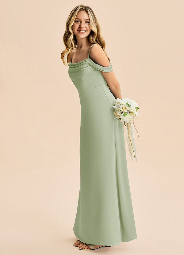 Azazie Lettie Junior Dusty Sage A-Line Off the Shoulder Stretch Satin Dress image1
