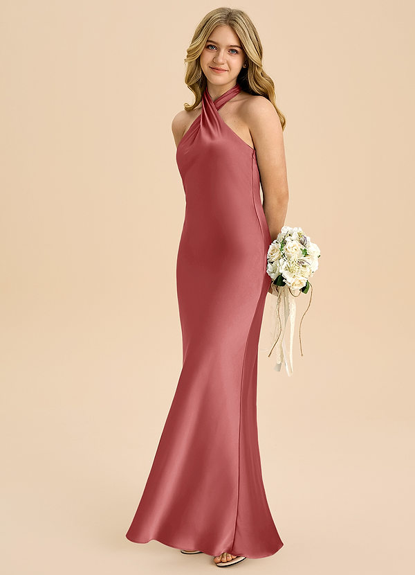 Azazie Chickie Junior Antique Rose Sheath Pleated Stretch Satin Dress image1