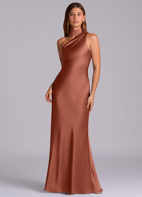Azazie Seona Robes Demoiselle d'honneur Robe Sirène en Satin extensible Ue épaule Auburn image1