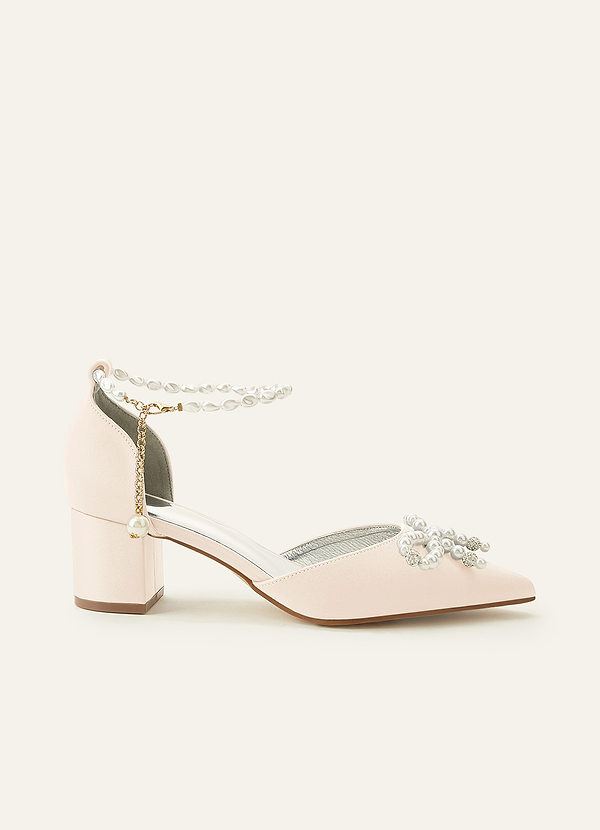 front Matching Color Pearl Embellished Pointed Toe Matte Satin Block Heel Pumps Bow Wedding Heels