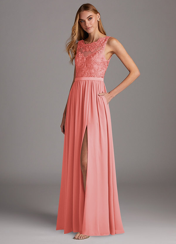 Azazie Elly Bridesmaid Dresses Coral A-Line Lace Scoop Neck Chiffon Dress image1