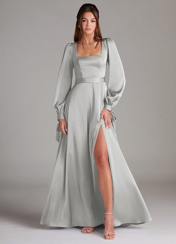 Azazie Leonia Bridesmaid Dresses Silver A-Line Long Sleeve Stretch Satin Dress image1