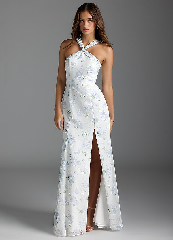 Azazie Rue Bridesmaid Dresses Blue Vintage Floral A-Line Halter Chiffon Dress image1
