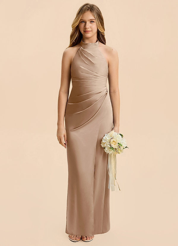 Azazie Jemma Junior Taupe Sheath Ruched Stretch Satin Dress image1
