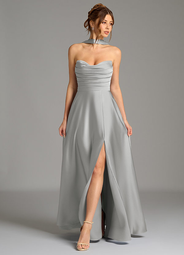 Azazie Ayla Bruidsmeisjes Jurken Jurk van Stretch Satijn met A-Lijn Korset Zilver image1