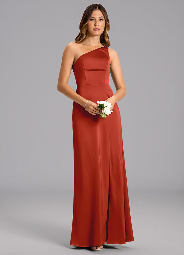 Azazie Feby Bridesmaid Dresses Rust A-Line One Shoulder Stretch Satin Dress image1