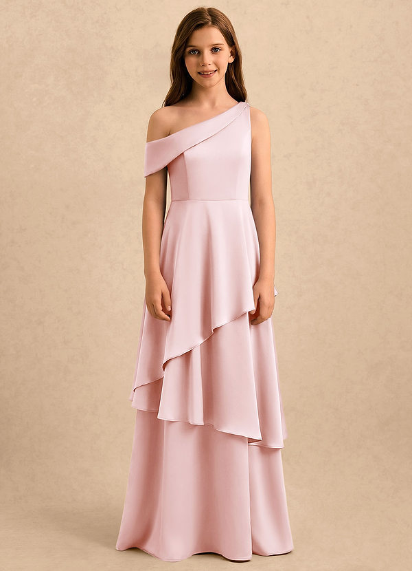 Azazie Shyloh Girls Formal Flower Girl Dresses Blushing Pink A-Line Off the Shoulder Stretch Satin Dress image1