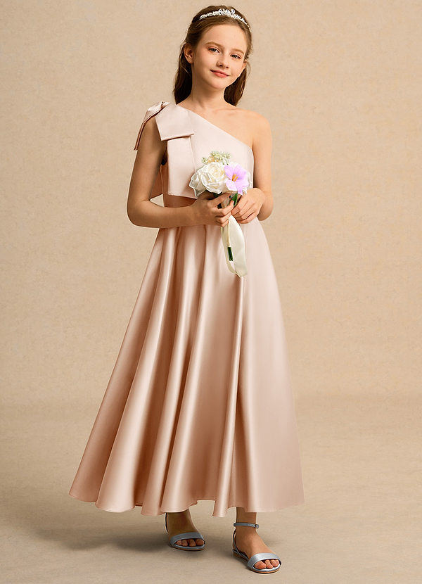 Azazie Guppy Junior Formal Vestidos de Niña de Flores Vestido de Rosa Inglesa de Satin Mate de Corte En A con Hombro unilateral image1